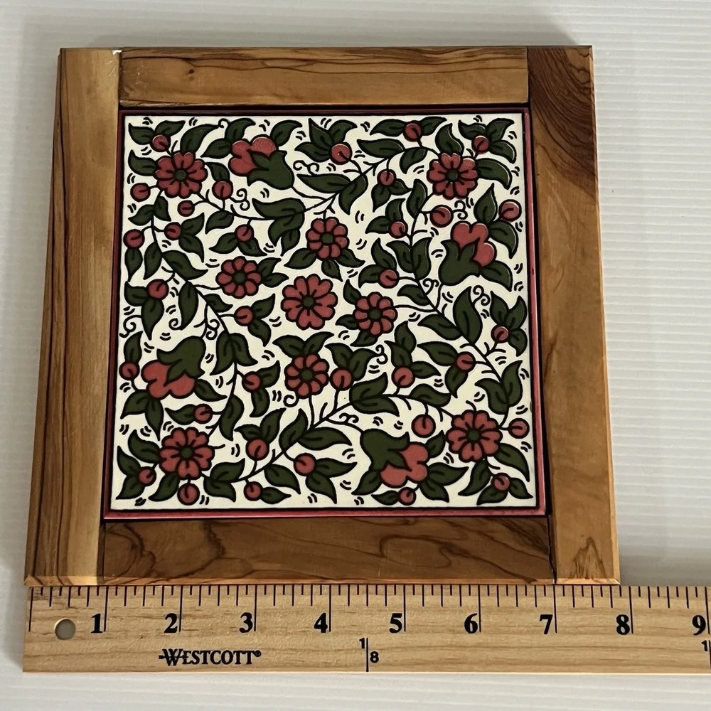 Vintage Tile Trivet Ceramic Floral Olive Wood Frame 8
